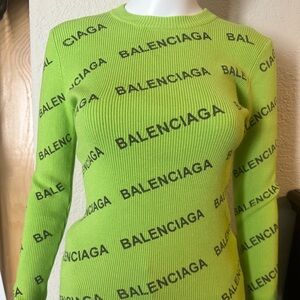 Balenciaga Logo Ribbed Knit Sweater Neon Green Size S Made in Italy